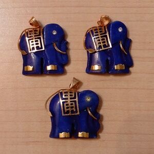 Set 3 New Vintage Blue Lapis Gem Stone Elephant Pendant